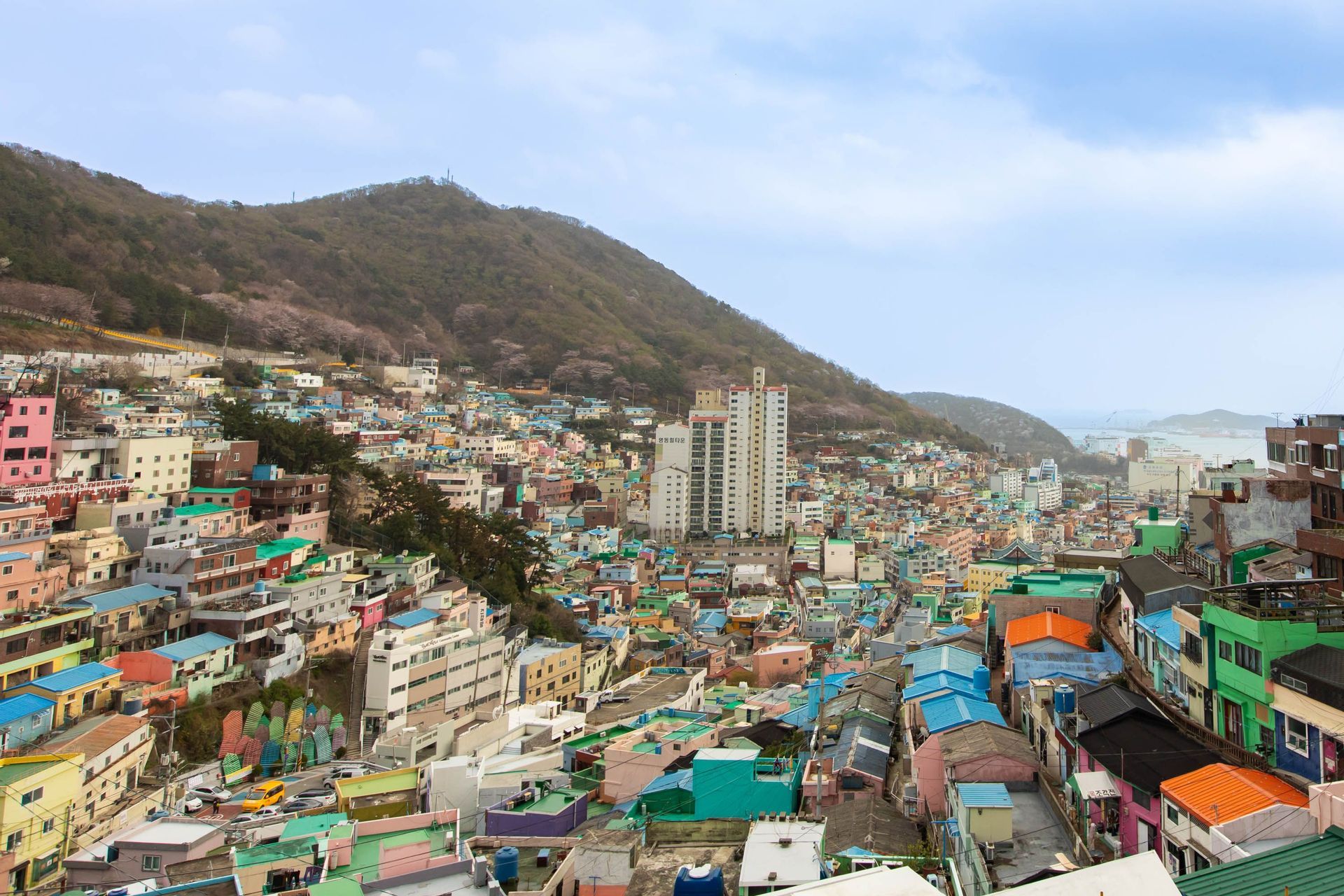 Vista dall'alto di case ed edifici colorati, addossati l'uno all'altro su un ripido pendio alberato, sotto un cielo parzialmente nuvoloso.