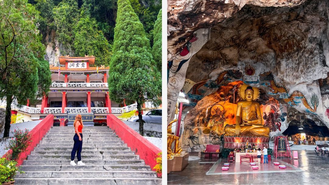 Ein Diptychon, das eine Frau auf den Stufen eines Höhlentempels und das Innere mit einer großen, goldenen Buddha-Statue zeigt.