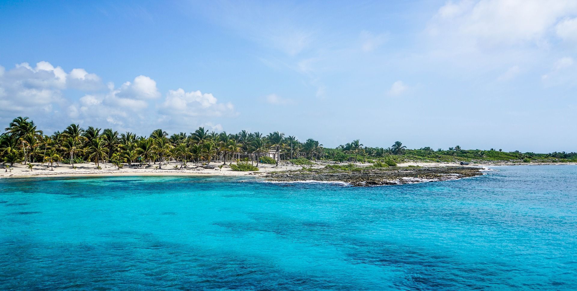 Una costa tropicale con palme e spiaggia sabbiosa, bagnata da acque limpide e turchesi sotto un cielo parzialmente nuvoloso.