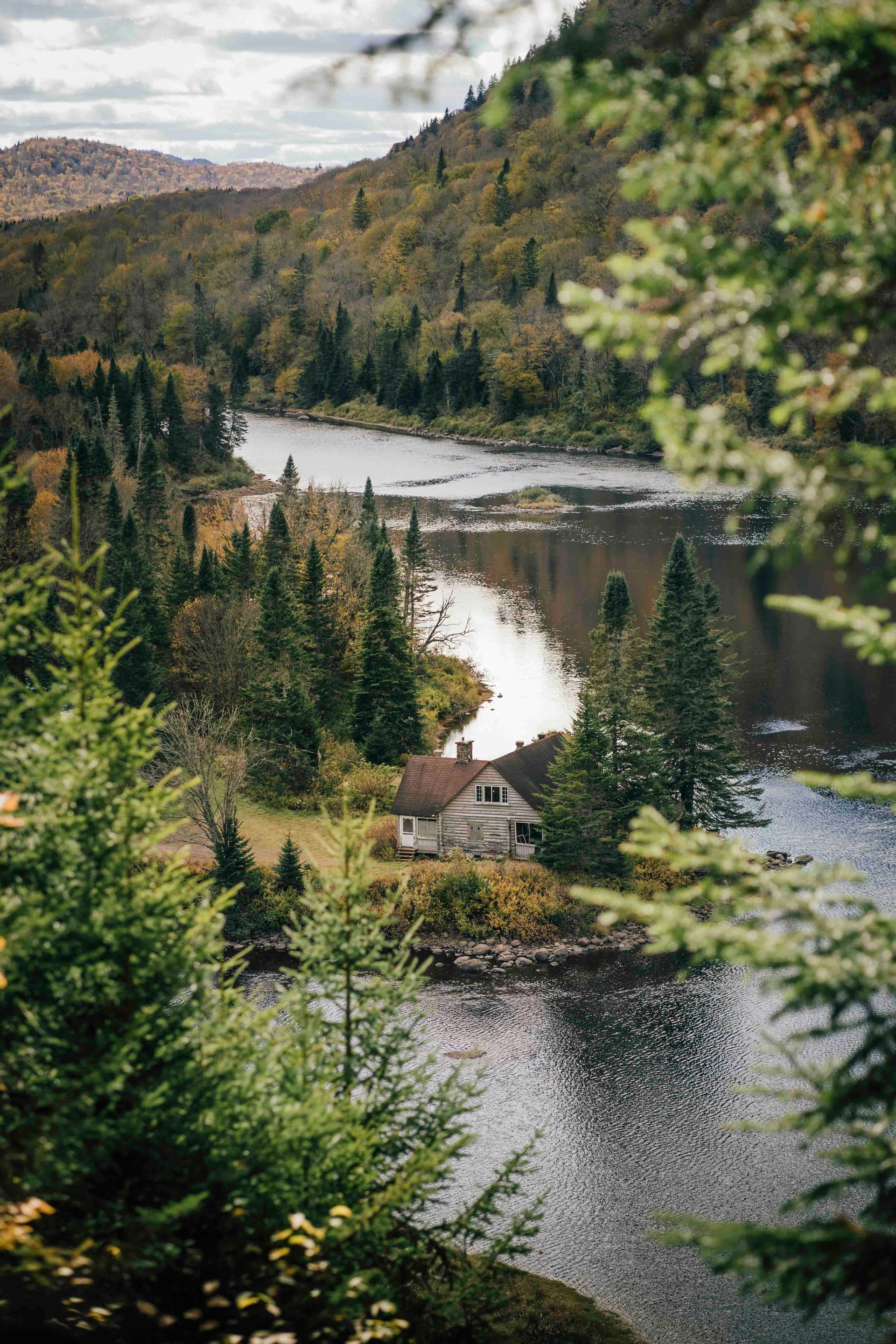 Una baita rustica si trova sulla riva di un fiume, immersa tra i pini, con una fitta foresta autunnale sulle colline distanti.