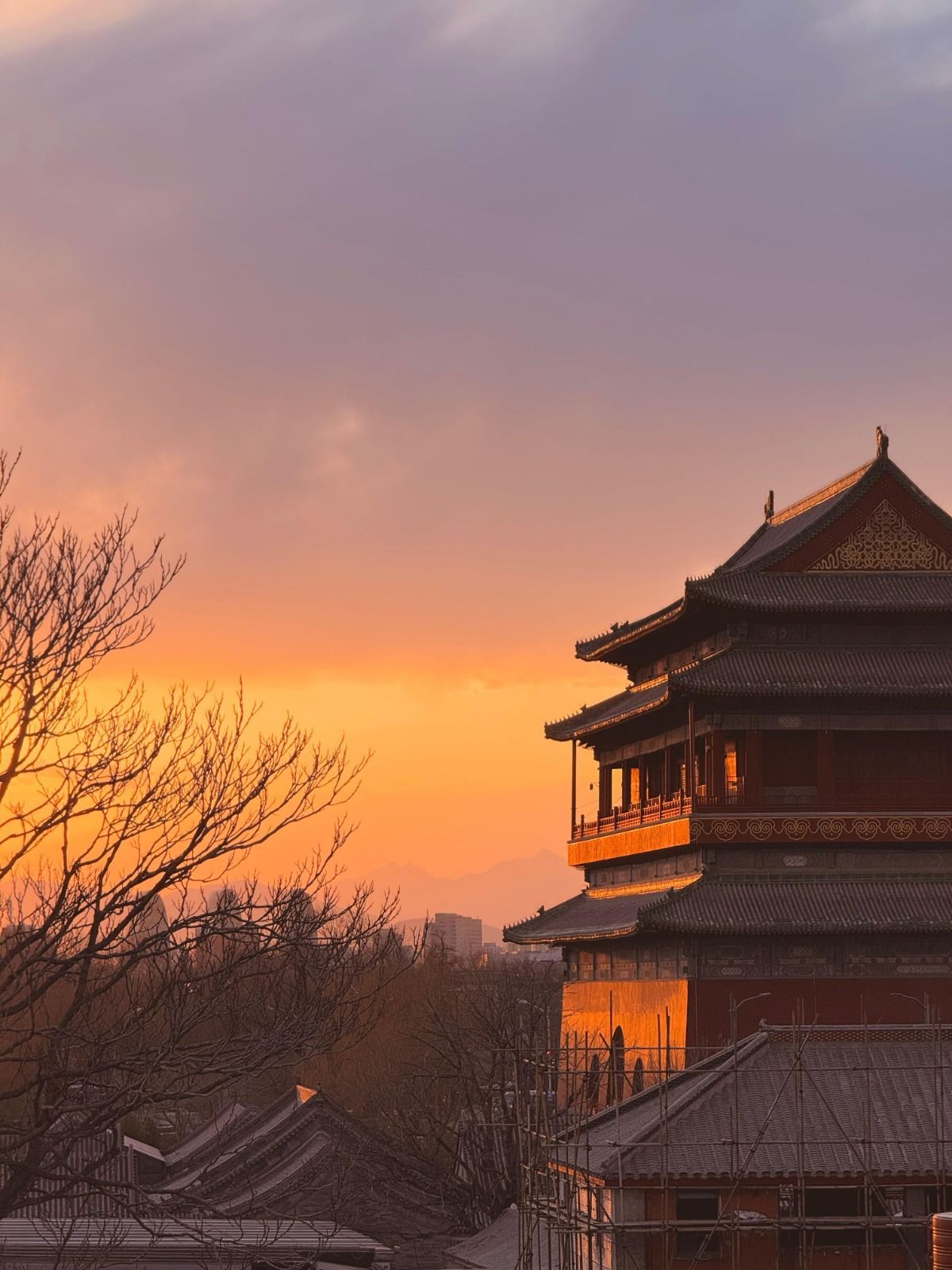 Una tradizionale pagoda a più piani è illuminata dalla luce dorata del tramonto, con alberi spogli e uno skyline cittadino sullo sfondo.