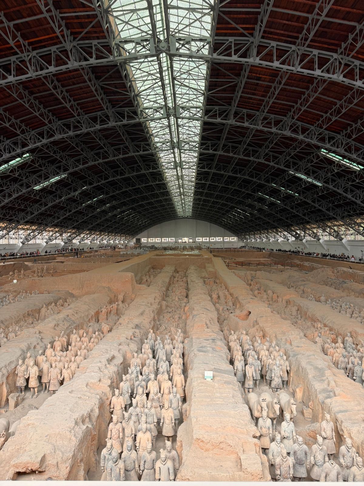 File di soldati dell'Esercito di Terracotta sono schierati in formazione nelle fosse scavate sotto il grande tetto ad arco di un museo.