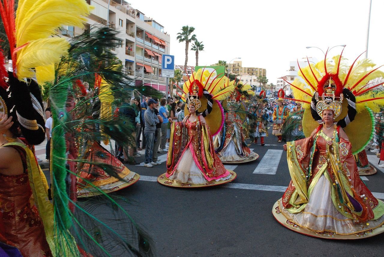 Carnevalanti con elaborati e colorati costumi di carnevale e grandi copricapi piumati sfilano di giorno per una via cittadina.