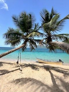 Two leaning palm trees cast shadows on a sandy beach with a swing and a small boat by the turquoise sea.