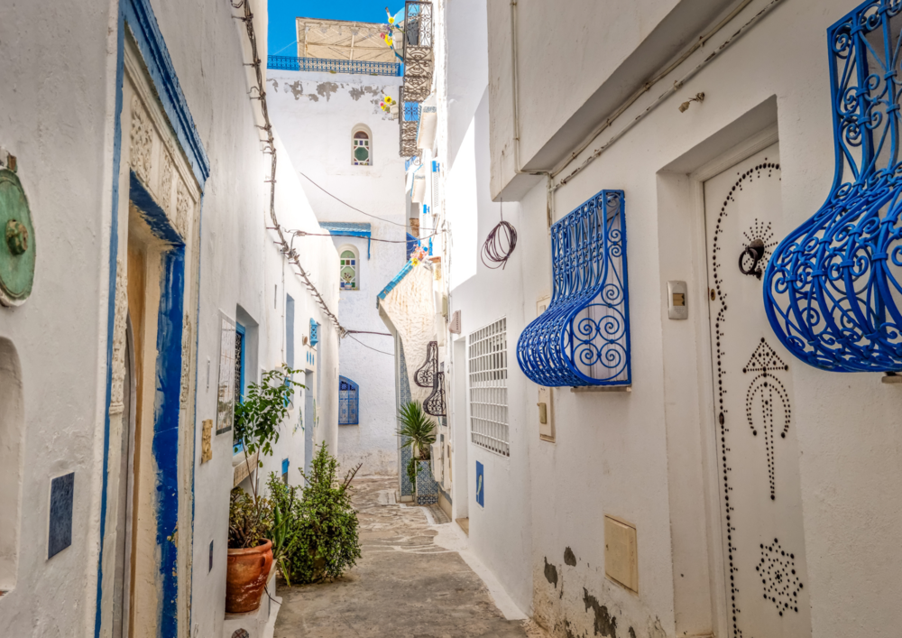 Un callejón estrecho con paredes encaladas, puertas azules y rejas de hierro azules ornamentadas bajo un cielo soleado.