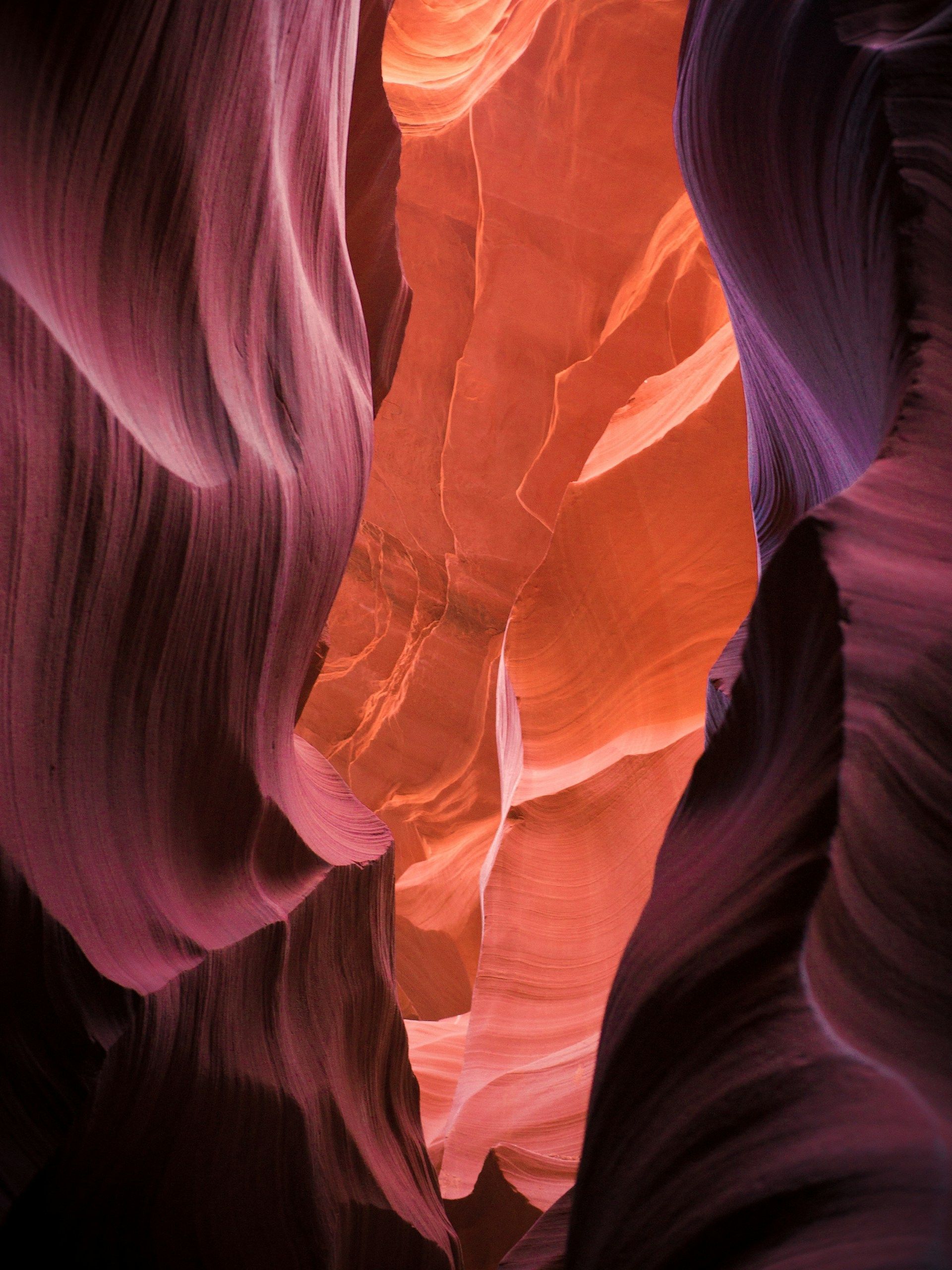 A close-up view of the smooth, wavy walls of a slot canyon, showing layers of purple and orange rock.