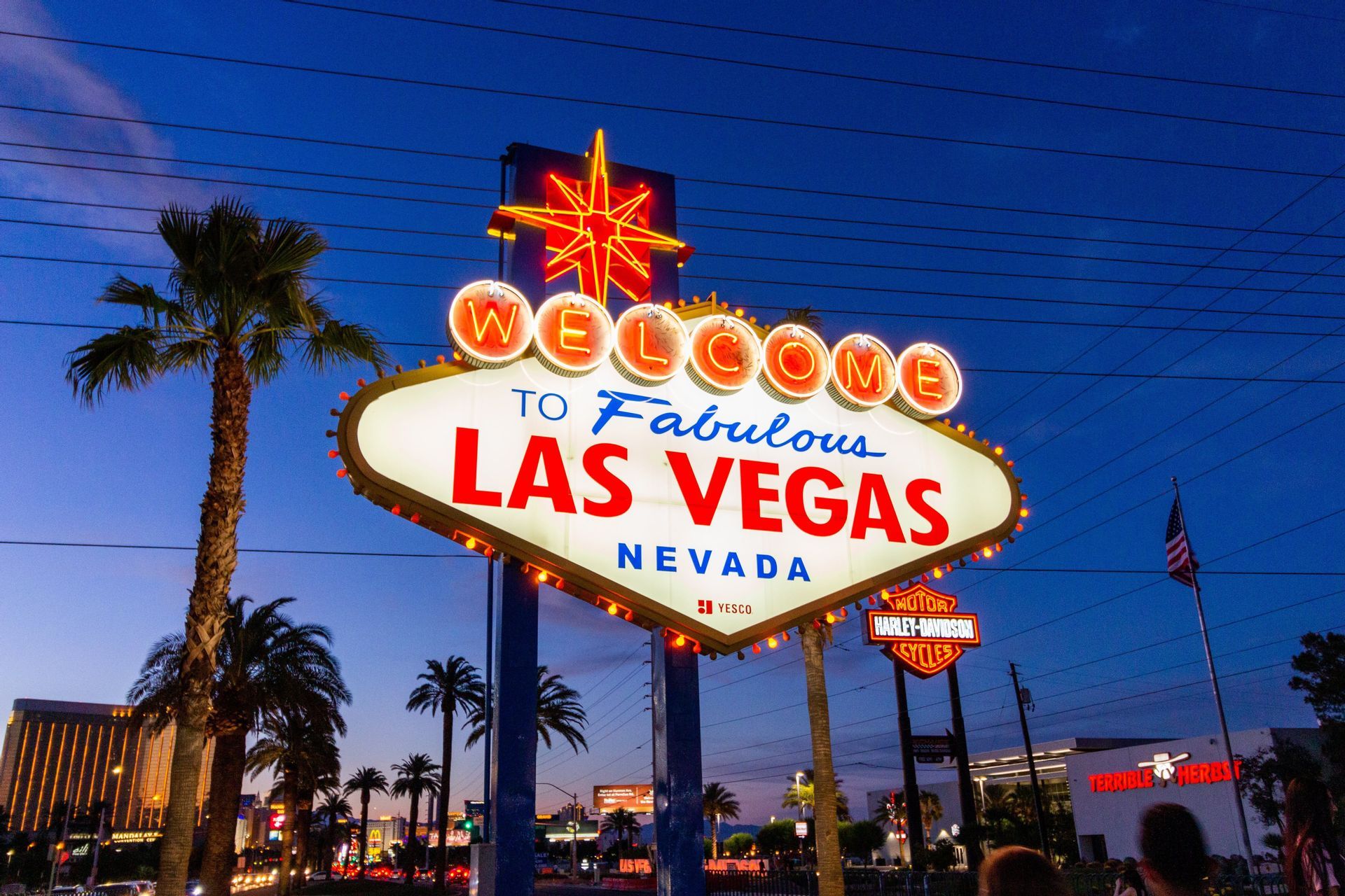 Il cartello 'Welcome to Fabulous Las Vegas' illuminato da luci al neon contro un cielo crepuscolare con palme.
