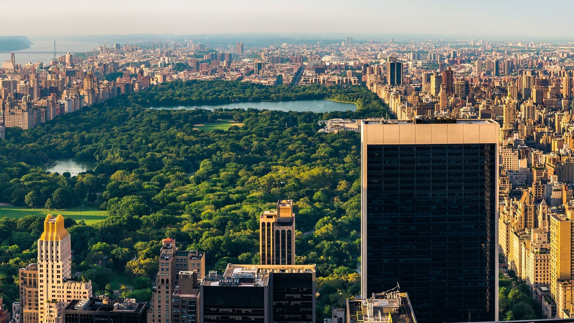 Una vista aerea di un grande parco verde rettangolare con un lago, situato in un denso paesaggio urbano di grattacieli.