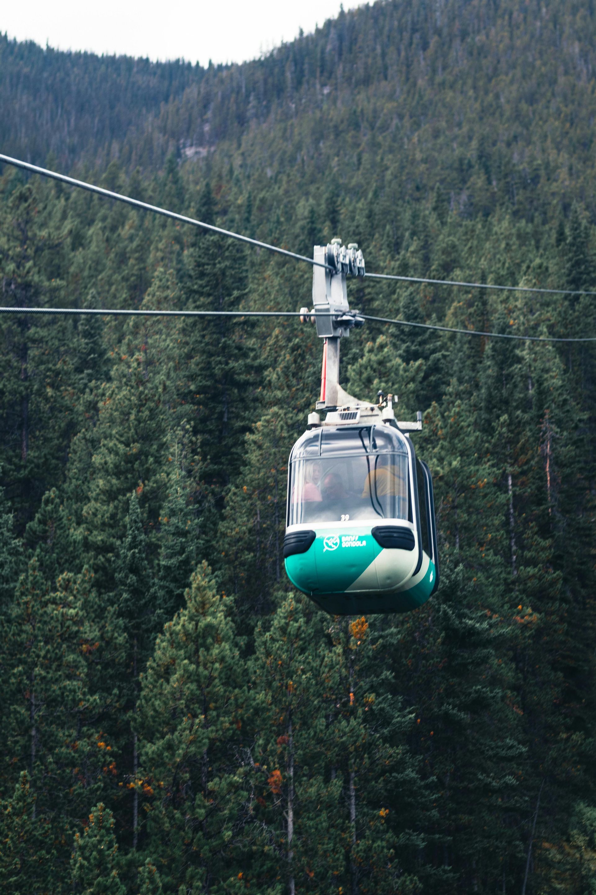 Une télécabine bleu sarcelle et blanche survole une dense forêt de pins recouvrant un flanc de montagne.