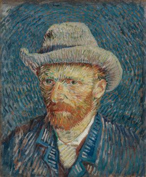 Un dipinto a olio in stile post-impressionista di un uomo con la barba rossa e un cappello chiaro, su uno sfondo blu vorticoso.