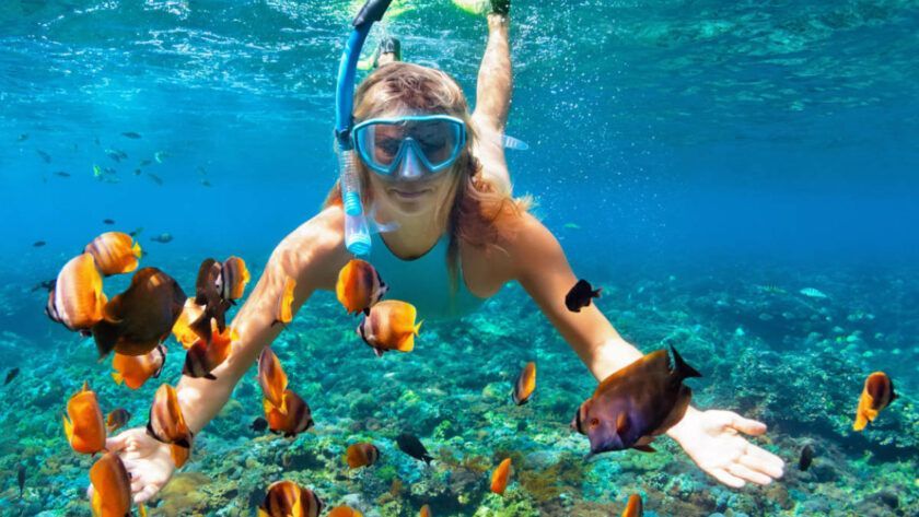 Una donna con maschera da snorkeling nuota sott'acqua, circondata da molti piccoli pesci tropicali colorati sopra una barriera corallina.