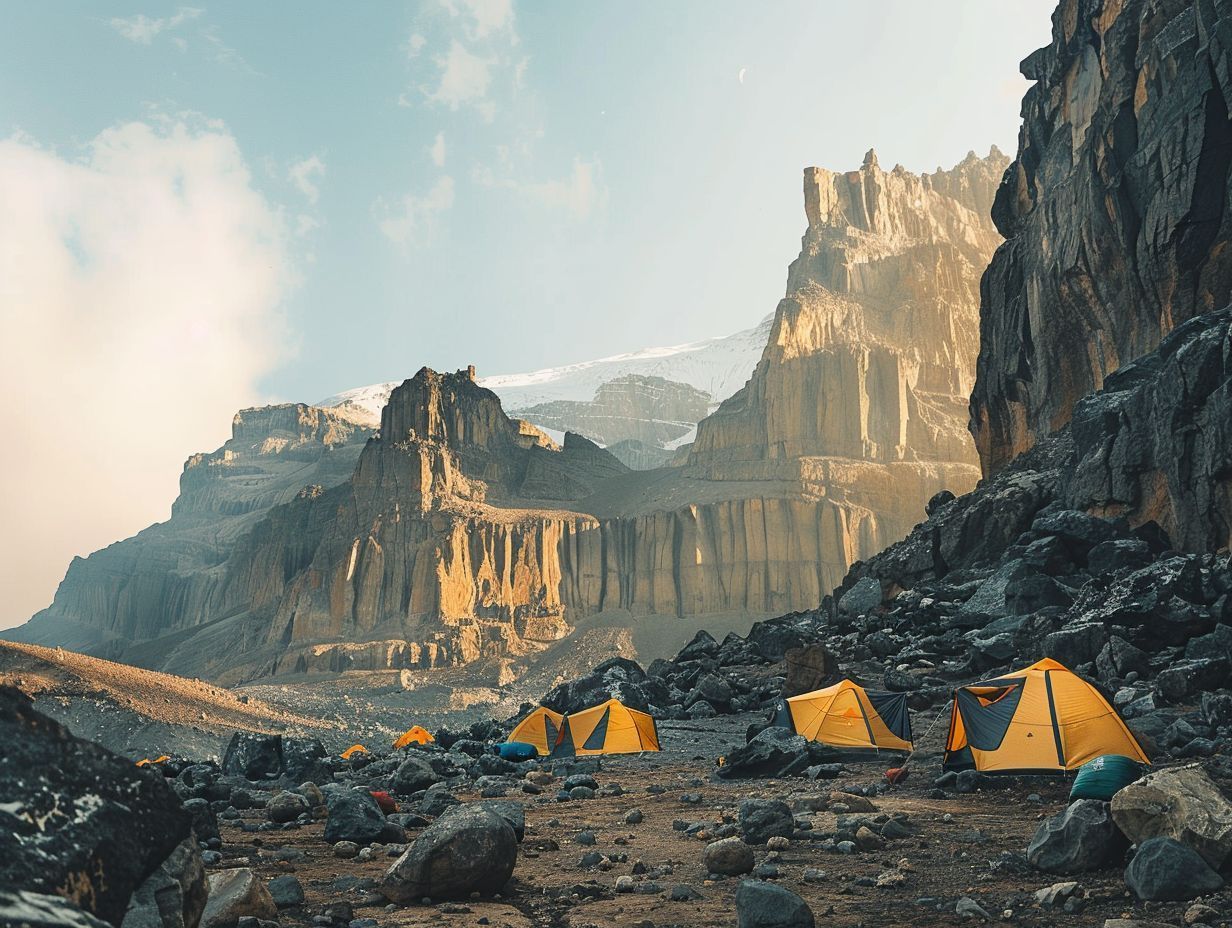 Un camping con tiendas amarillas en una llanura rocosa a los pies de imponentes acantilados montañosos iluminados por el sol