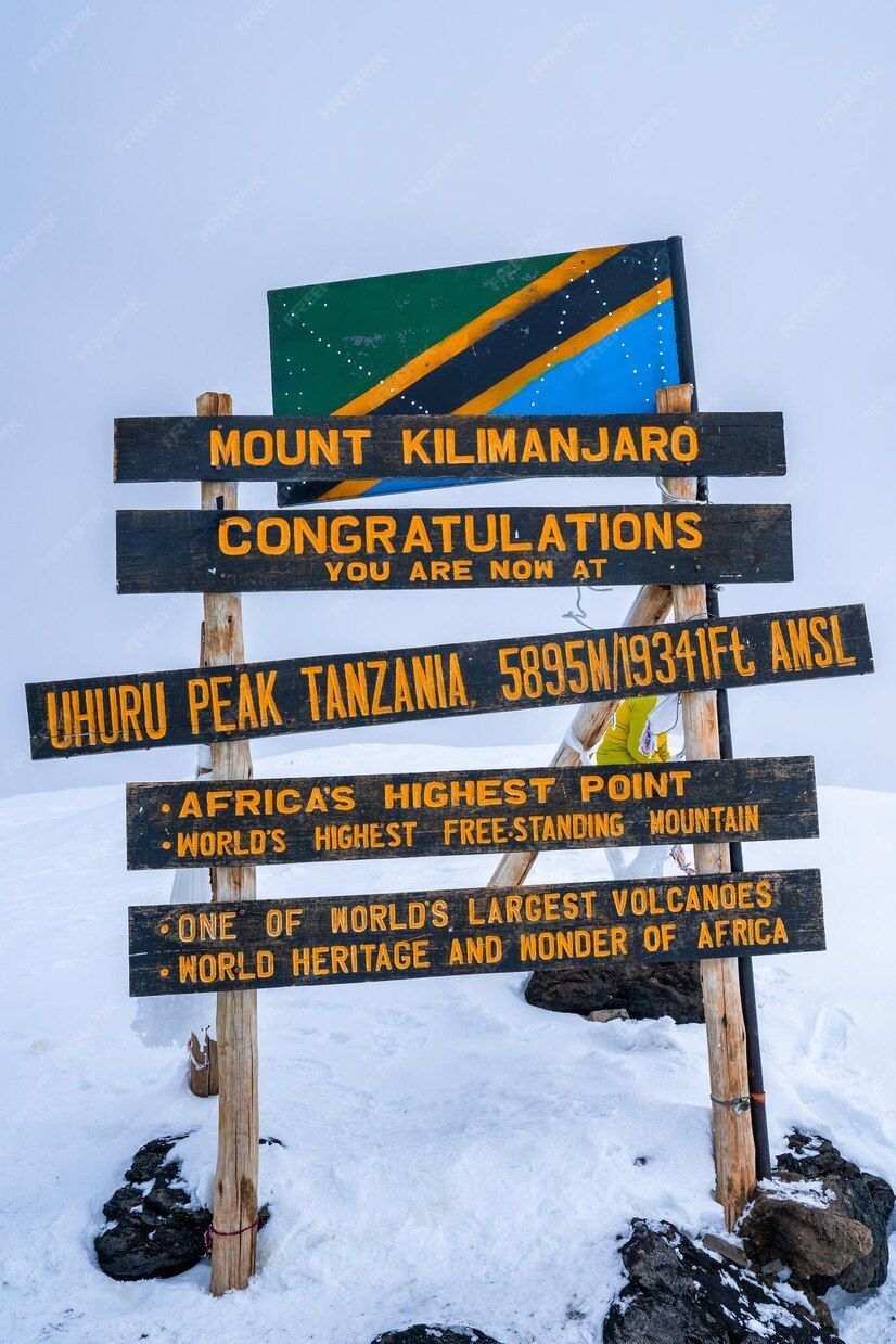 El letrero de madera en el pico Uhuru, Tanzania, que marca la cumbre del Monte Kilimanjaro a 5895 metros, erguido en la nieve.