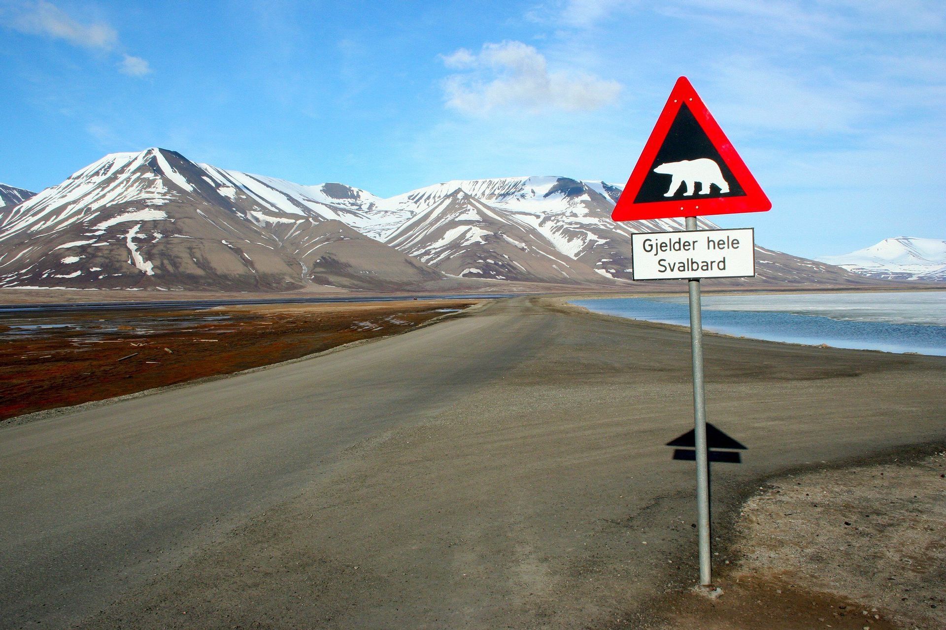Un cartello di avviso per orsi polari si erge su una strada sterrata alle Svalbard, con montagne innevate e uno specchio d'acqua ghiacciato sullo sfondo.