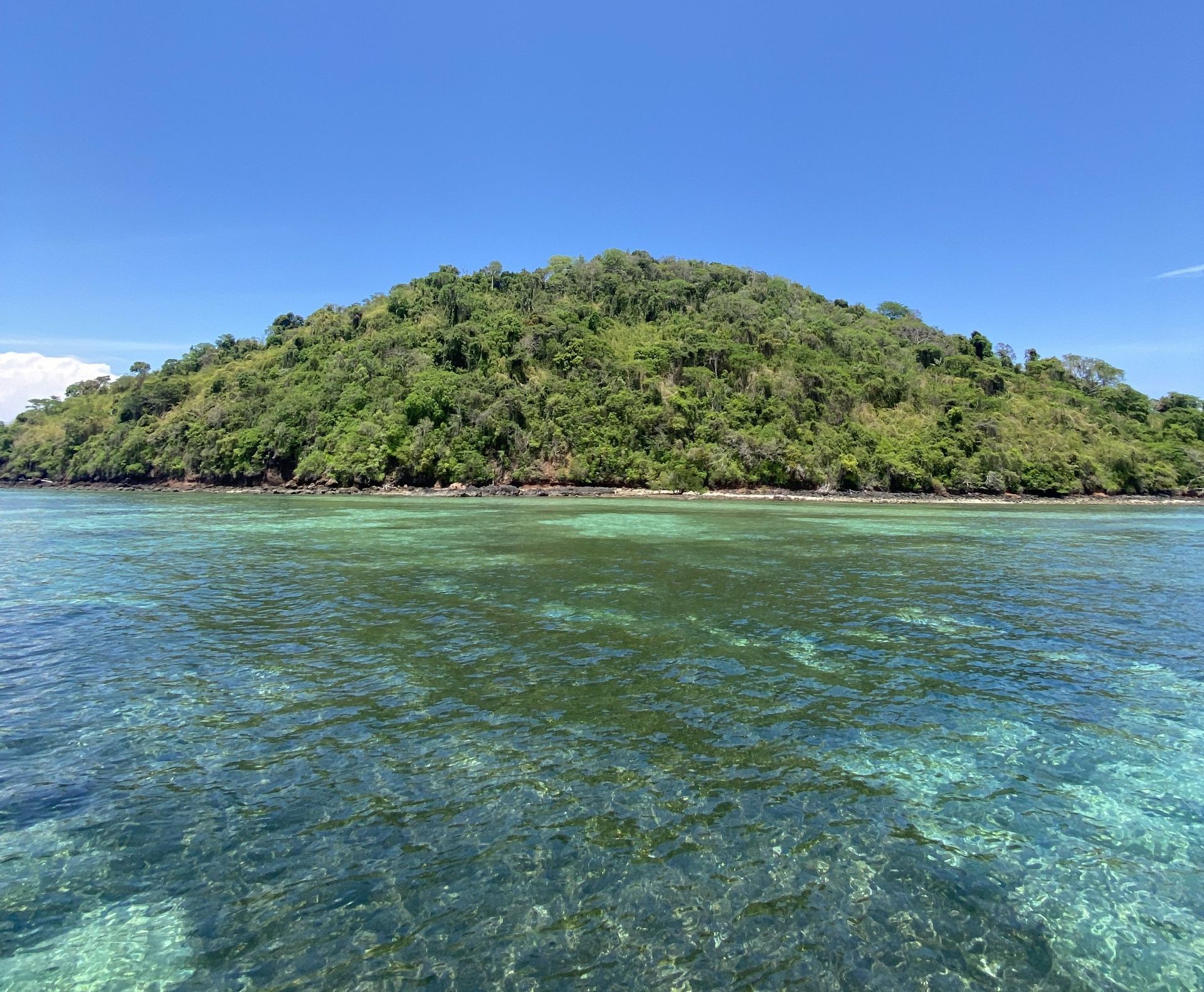 Un'isola lussureggiante e ricoperta di alberi, vista attraverso acque limpide e turchesi sotto un cielo azzurro brillante.