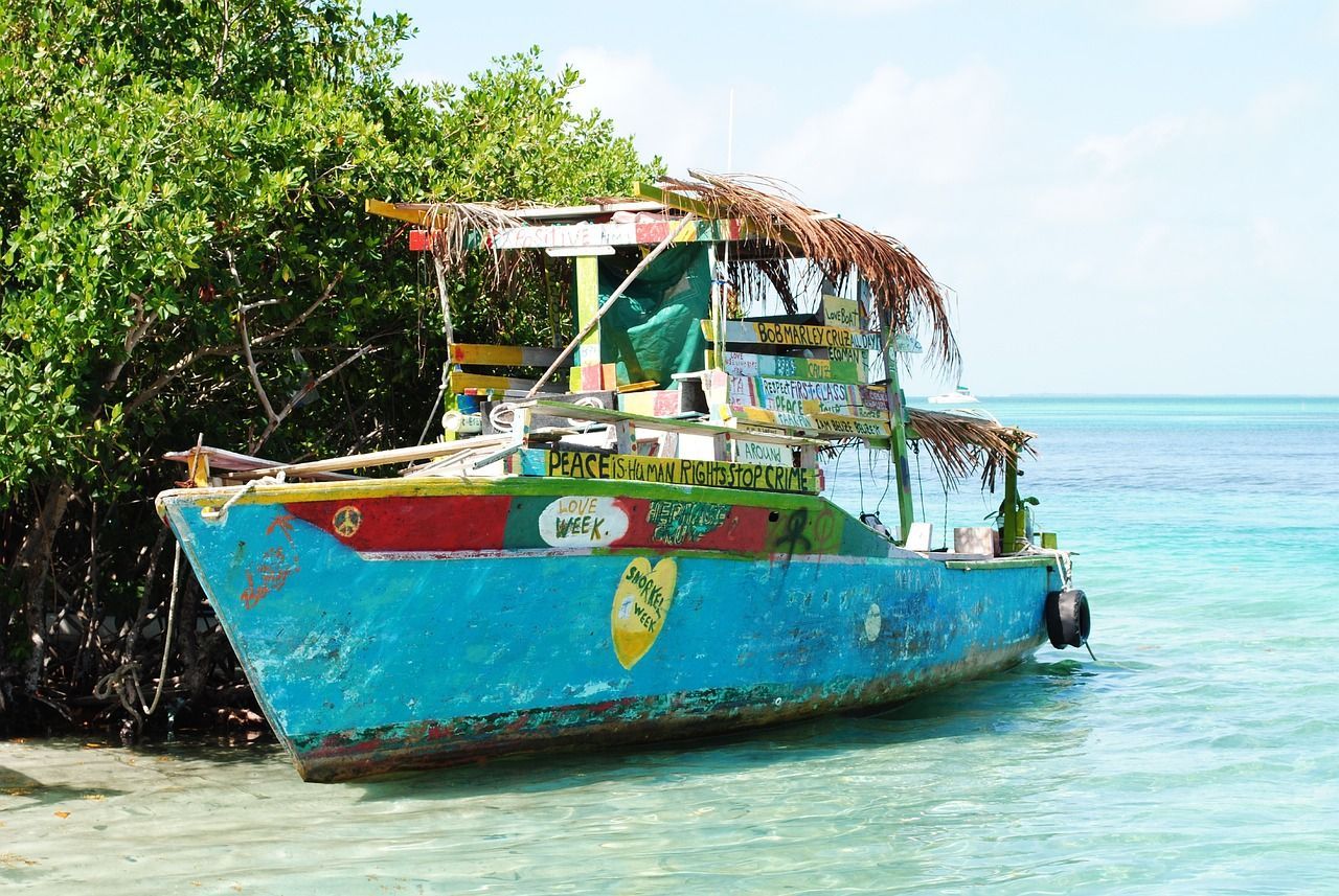 Un bateau coloré avec un toit de chaume et des graffitis est amarré dans des eaux turquoise claires et peu profondes, à côté d'un feuillage vert.