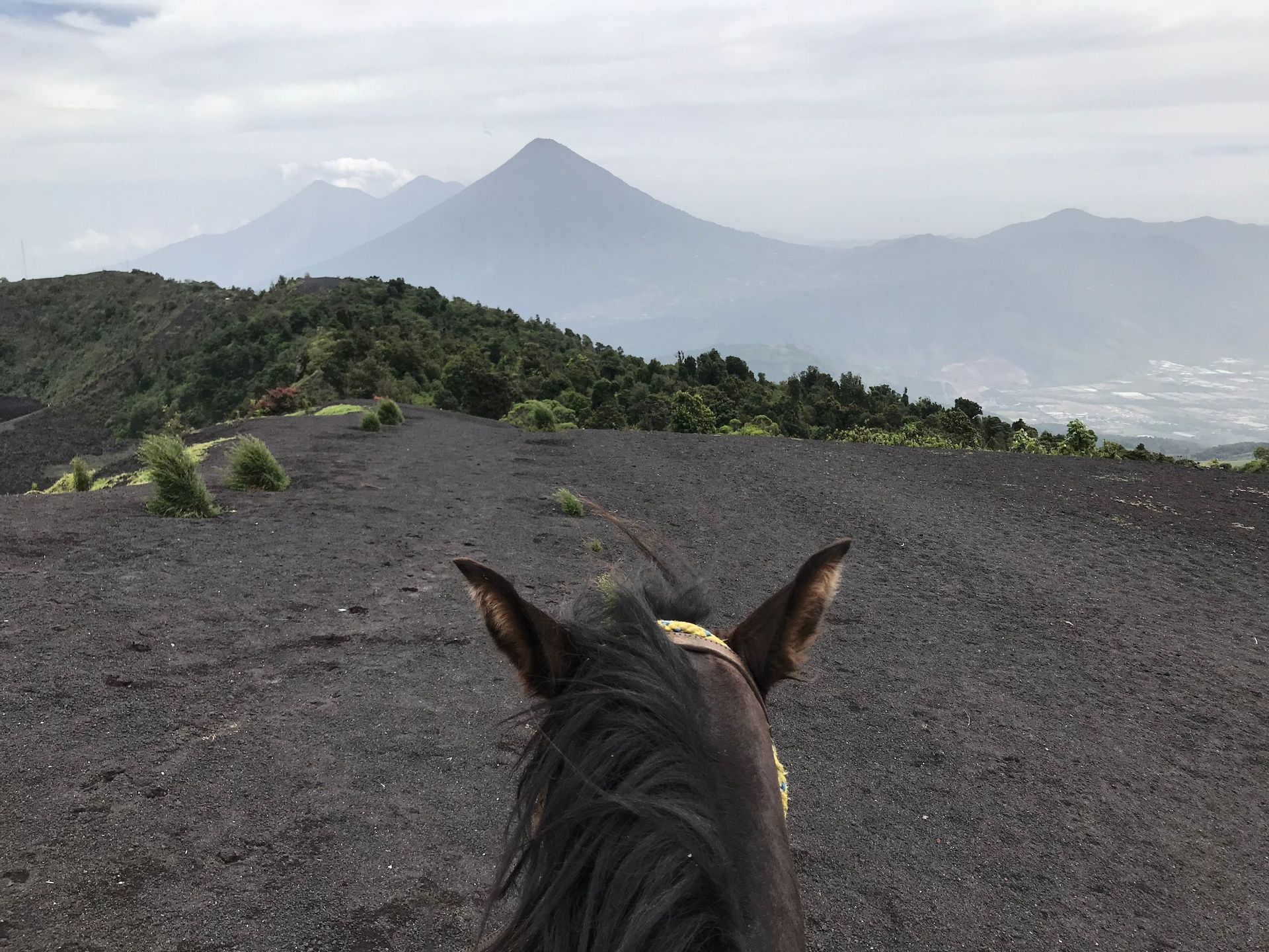 Vue subjective à cheval sur un paysage volcanique de sable noir, vers des montagnes lointaines et brumeuses.