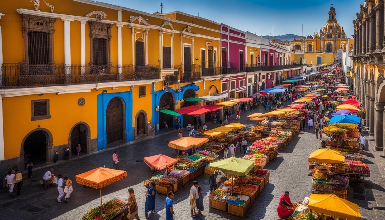 An overhead view of a busy street market with colorful stalls and umbrellas, set between brightly painted colonial buildings.