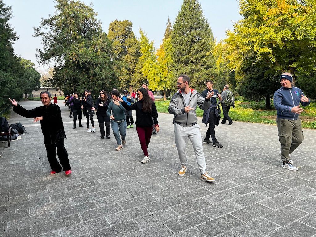 Un viaggio di gruppo WeRoad partecipa a una lezione di Tai Chi all'aperto con un istruttore in un parco.