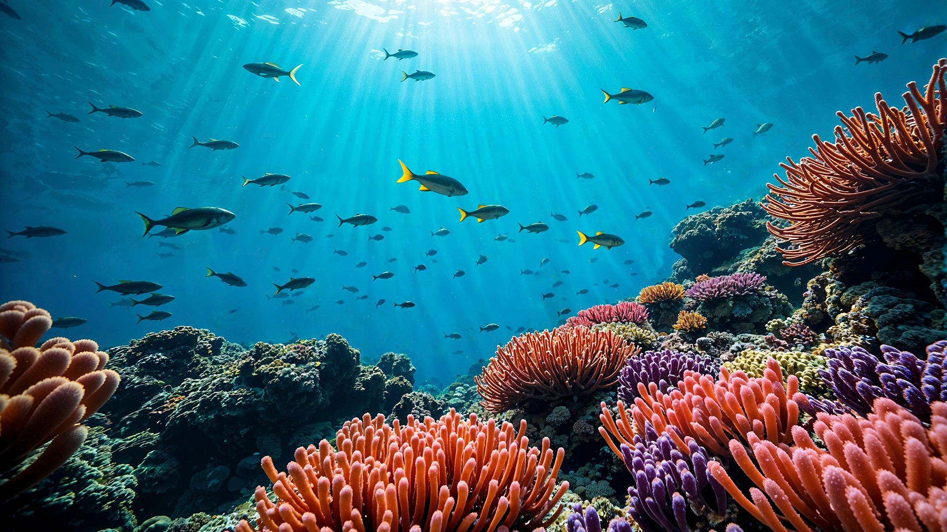 Un banco de peces nada sobre un arrecife de coral multicolor con rayos de sol perforando el agua azul desde la superficie.