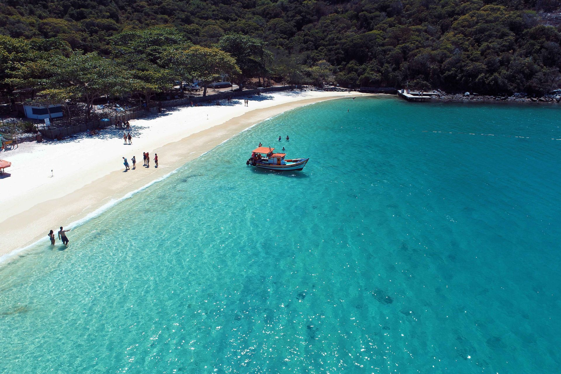 Una vista aerea di una barca su acqua turchese vicino a una cala con spiaggia di sabbia bianca, alberi lussureggianti e persone che nuotano.