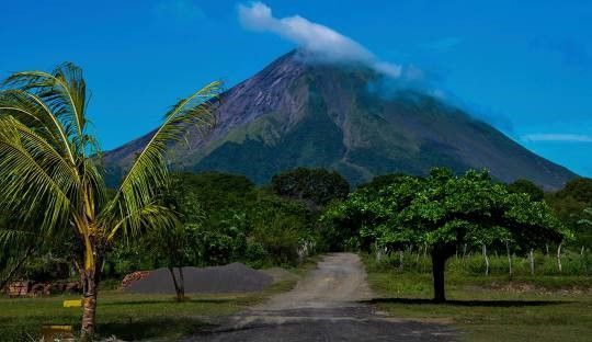 Un grande vulcano con una nuvola sulla sua cima, visto da una strada sterrata che attraversa un lussureggiante paesaggio tropicale con una palma.