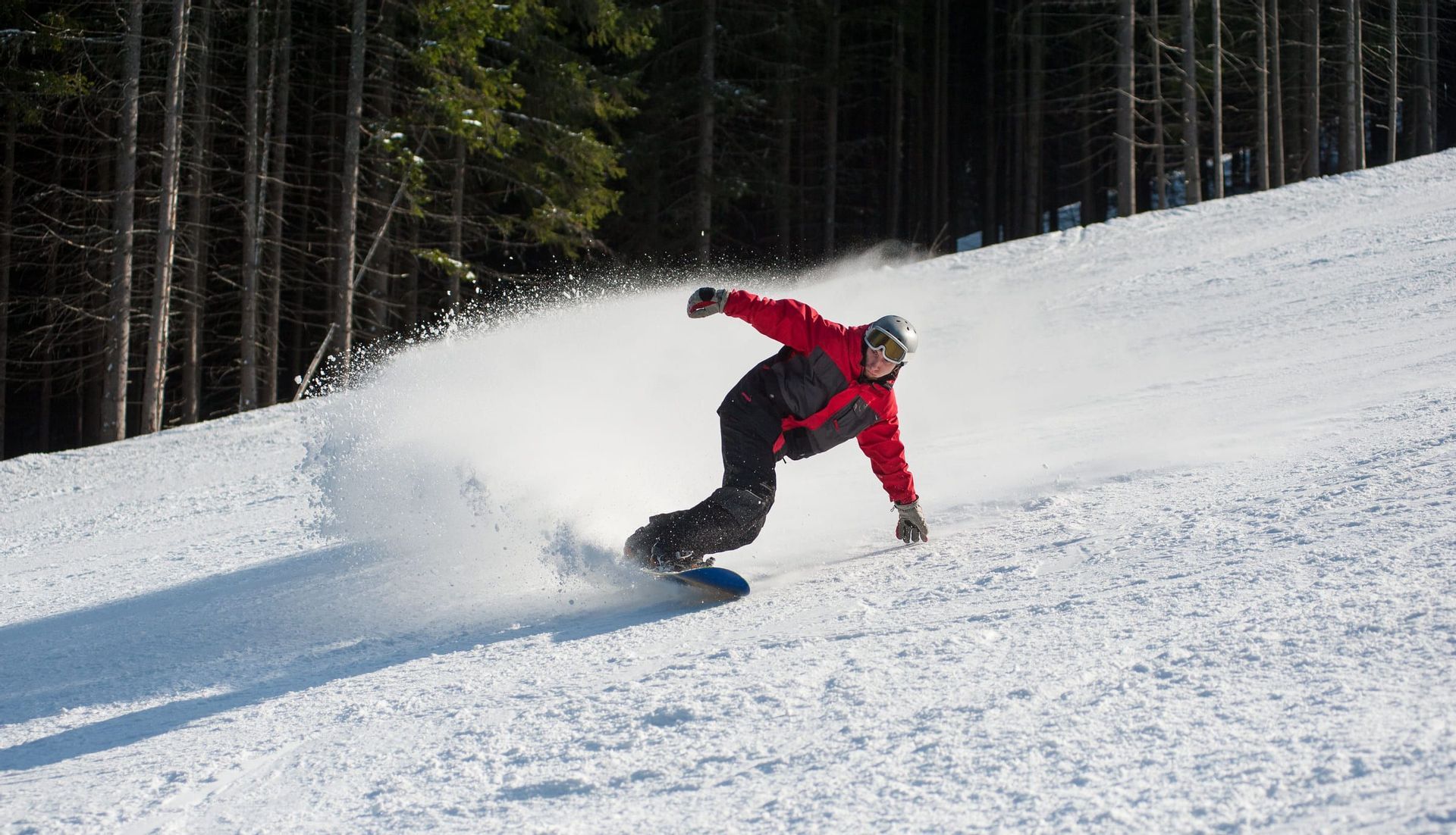 Ein Snowboarder in roter Jacke fährt eine verschneite Piste hinunter, wirbelt Pulverschnee auf, mit einem Kiefernwald im Hintergrund.