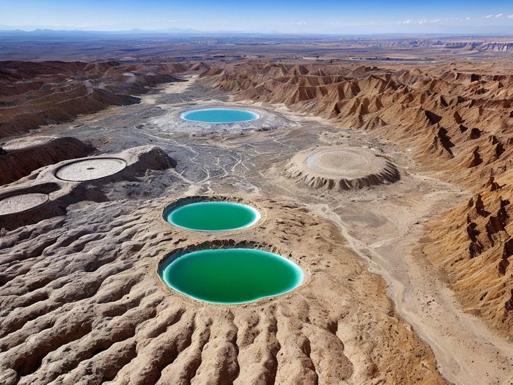 Una vista aerea di diverse piscine rotonde di acqua turchese e blu in un vasto paesaggio di canyon arido ed eroso.