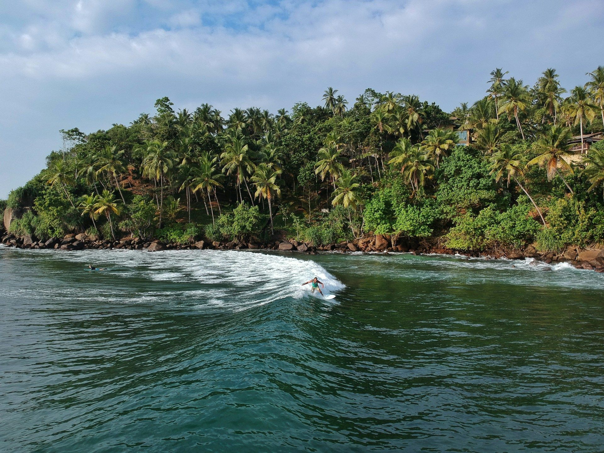 Un surfista cavalca un'onda su una tavola da surf con una lussureggiante costa tropicale coperta di palme sullo sfondo.
