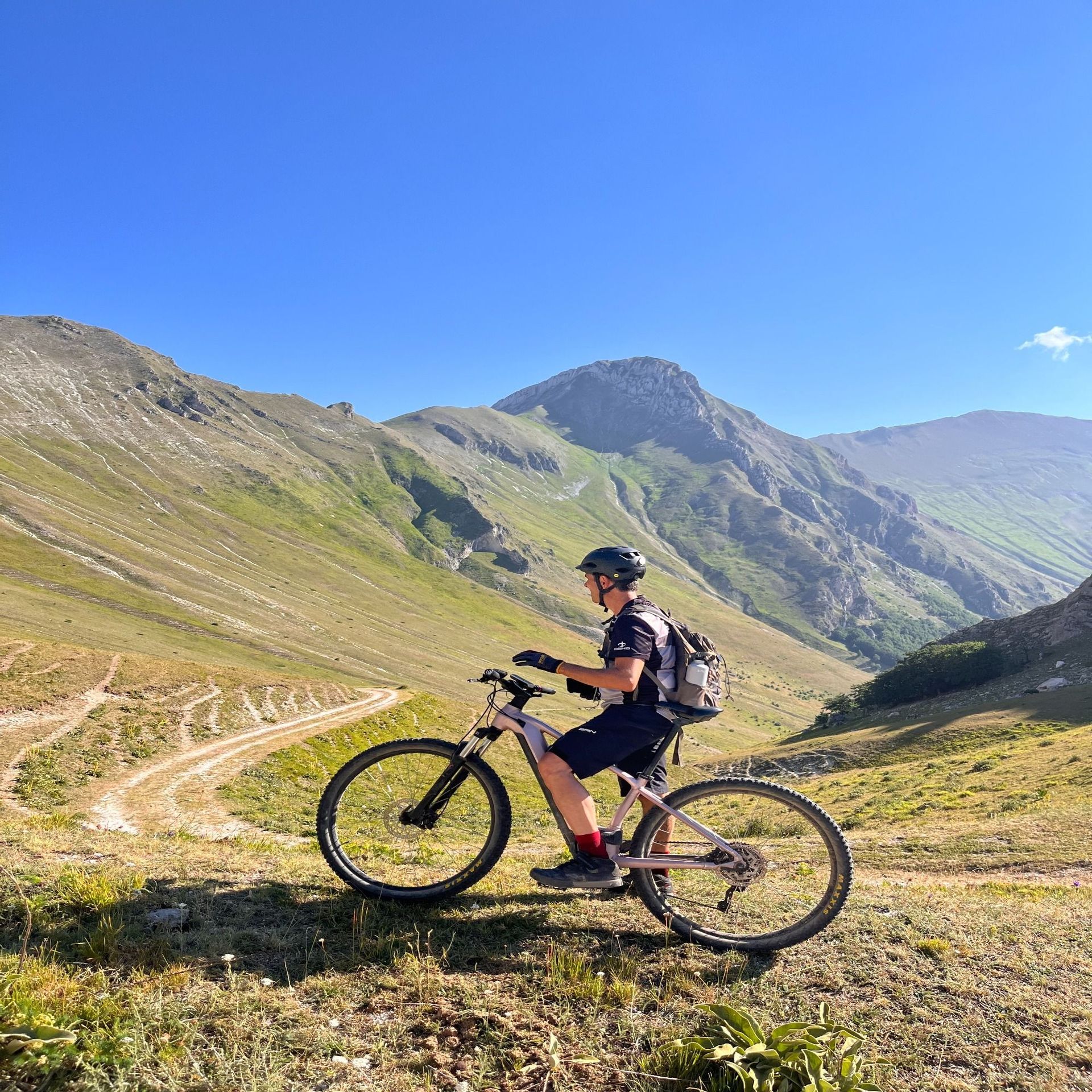 Un ciclista con casco e zaino è seduto su una mountain bike su un pendio erboso, con vista su una valle e grandi montagne verdi.