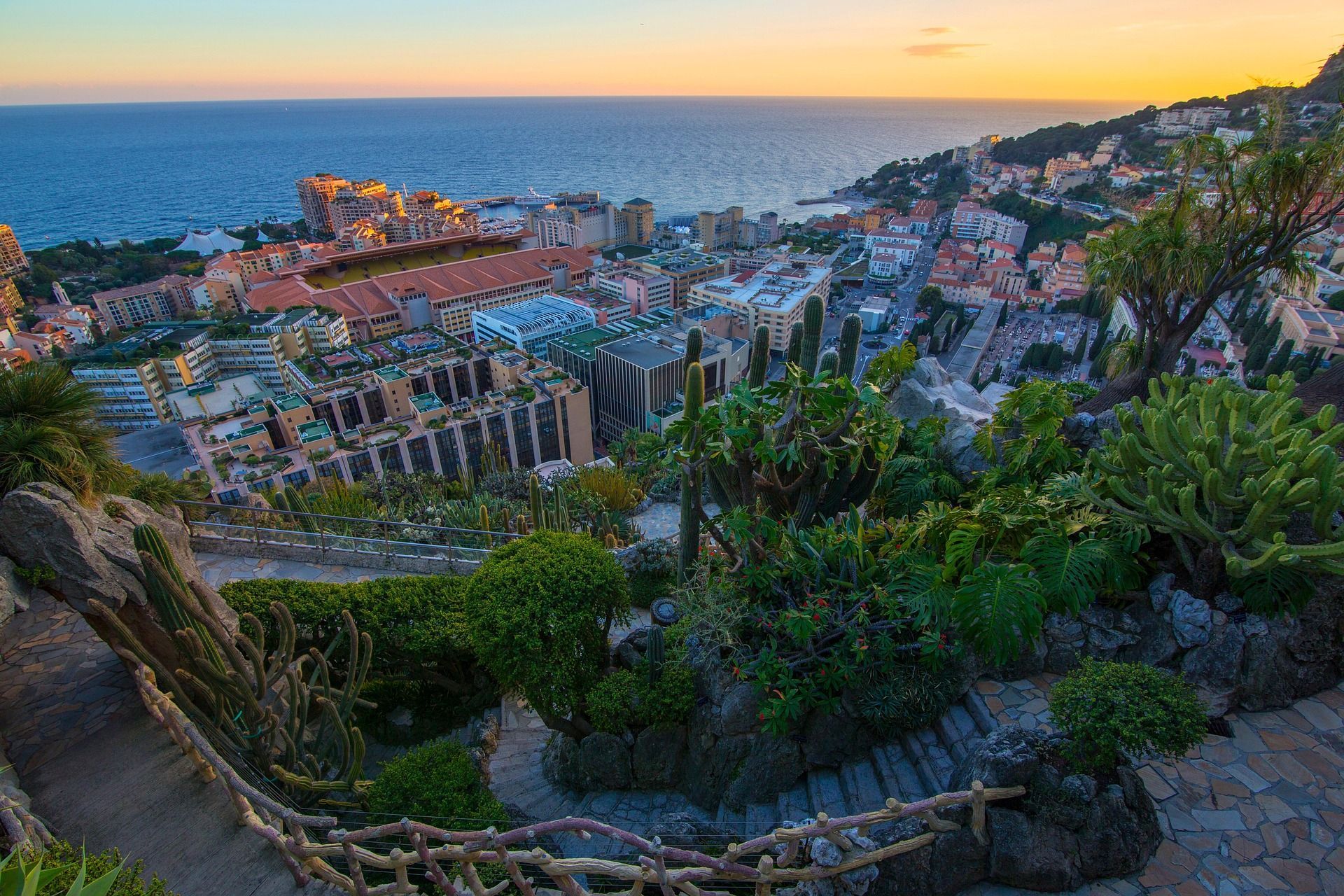 Una vista elevada desde un jardín en la ladera con cactus que domina una ciudad costera y el mar al atardecer.