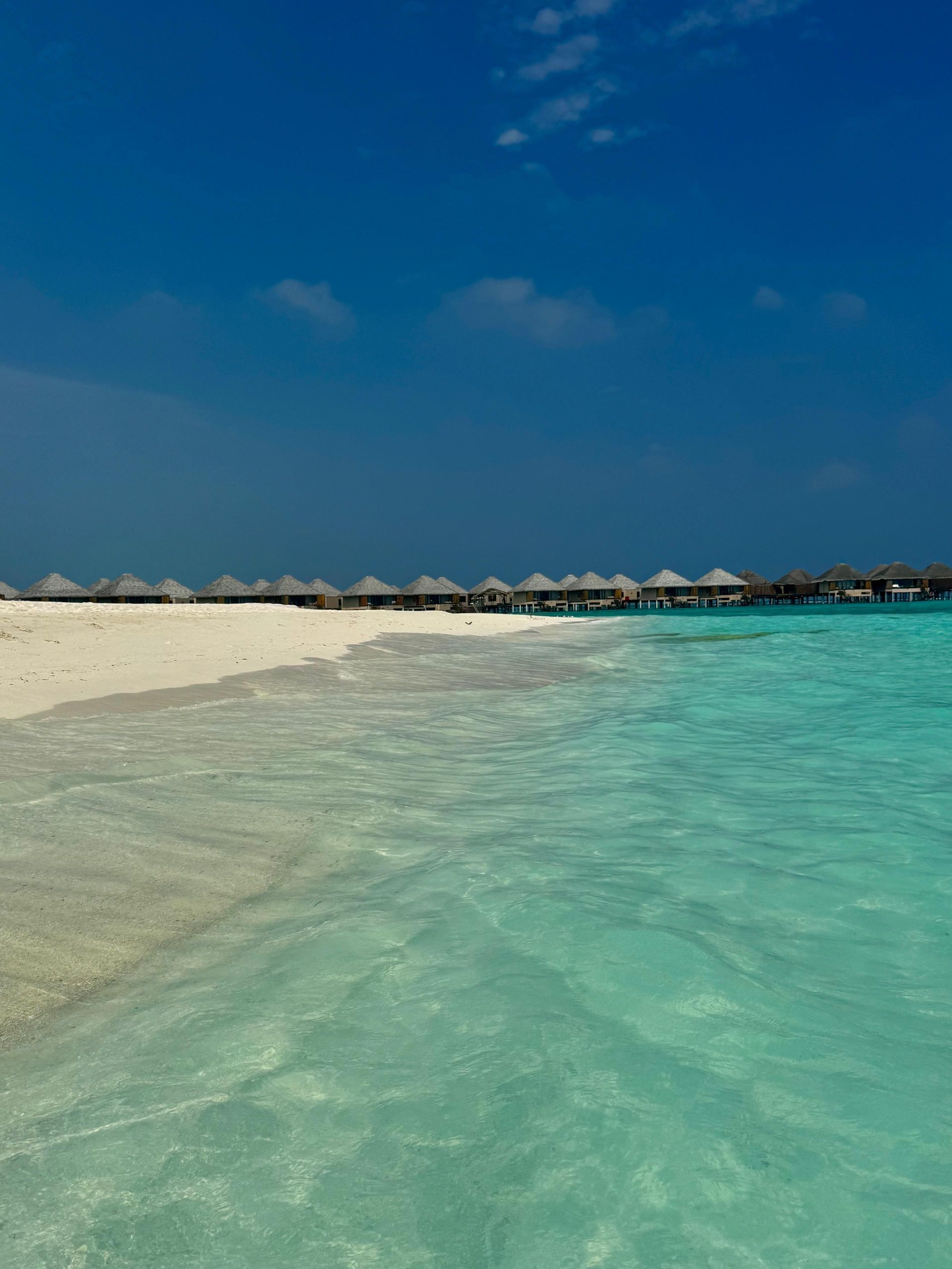 Agua cristalina turquesa baña una playa de arena blanca bordeada de bungalows sobre el agua bajo un cielo azul profundo.