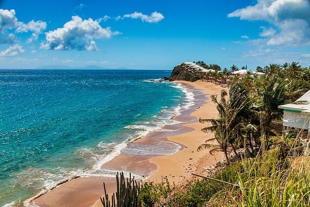 Vista aerea di una spiaggia tropicale sabbiosa con acqua turchese e palme lungo la costa, sotto un cielo azzurro con nuvole.