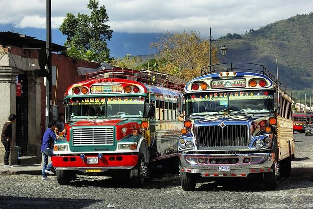 Due autobus vivacemente decorati, uno rosso e uno blu, sono parcheggiati su una strada acciottolata con montagne sullo sfondo.