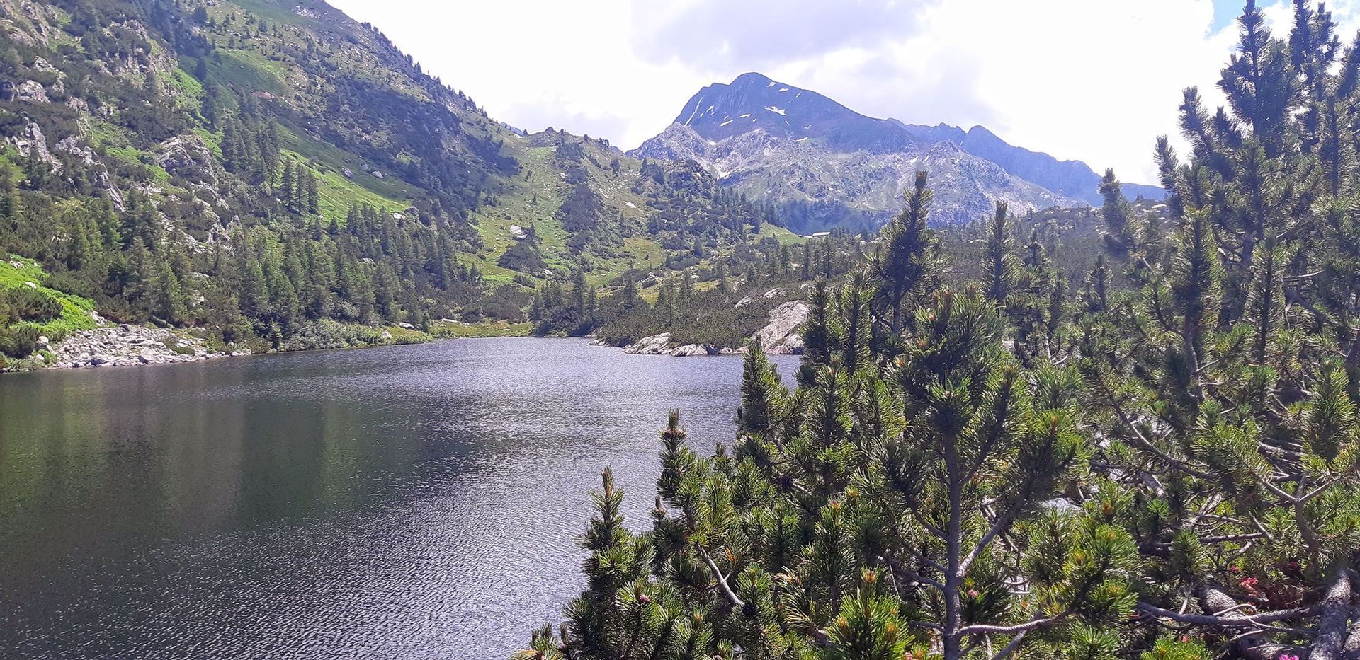 Un tranquillo lago alpino incastonato in una valle, circondato da ripide montagne coperte di pini sotto un cielo parzialmente nuvoloso.