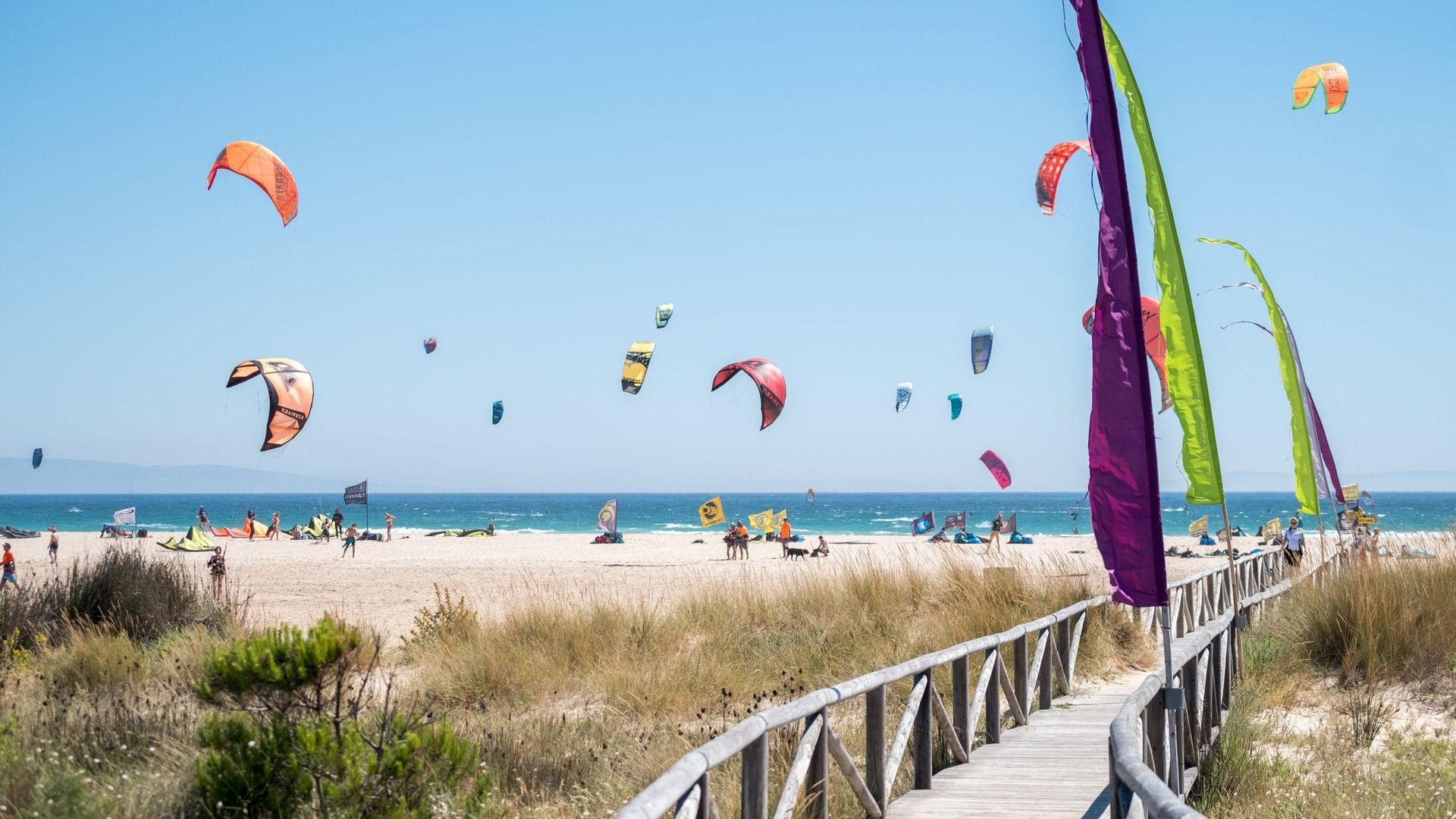 Una passerella di legno conduce a una spiaggia sabbiosa dove molti aquiloni colorati volano sull'oceano sotto un cielo azzurro e limpido.