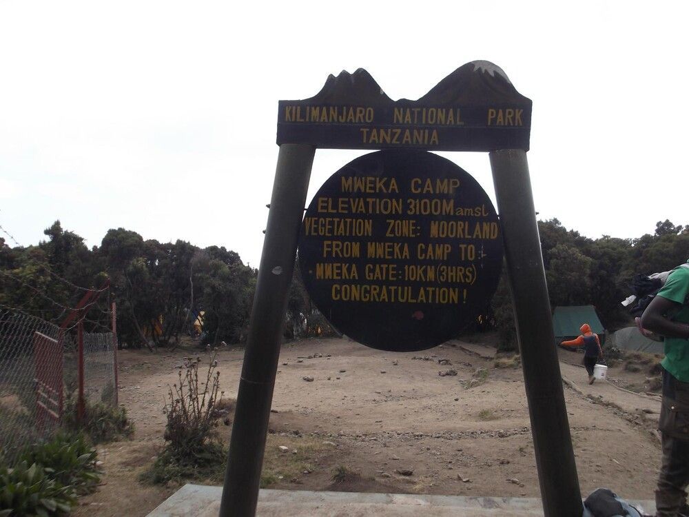 The Mweka Camp sign at Kilimanjaro National Park in Tanzania, showing the elevation of 3100 meters in the moorland zone.