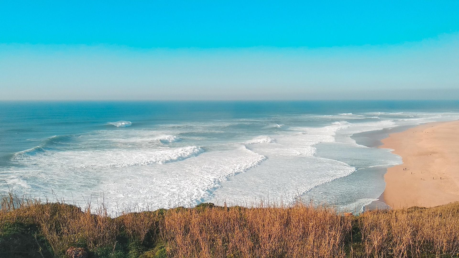 Onde oceaniche con schiuma bianca si infrangono su una vasta spiaggia sabbiosa, viste da una scogliera erbosa sotto un cielo azzurro e limpido.
