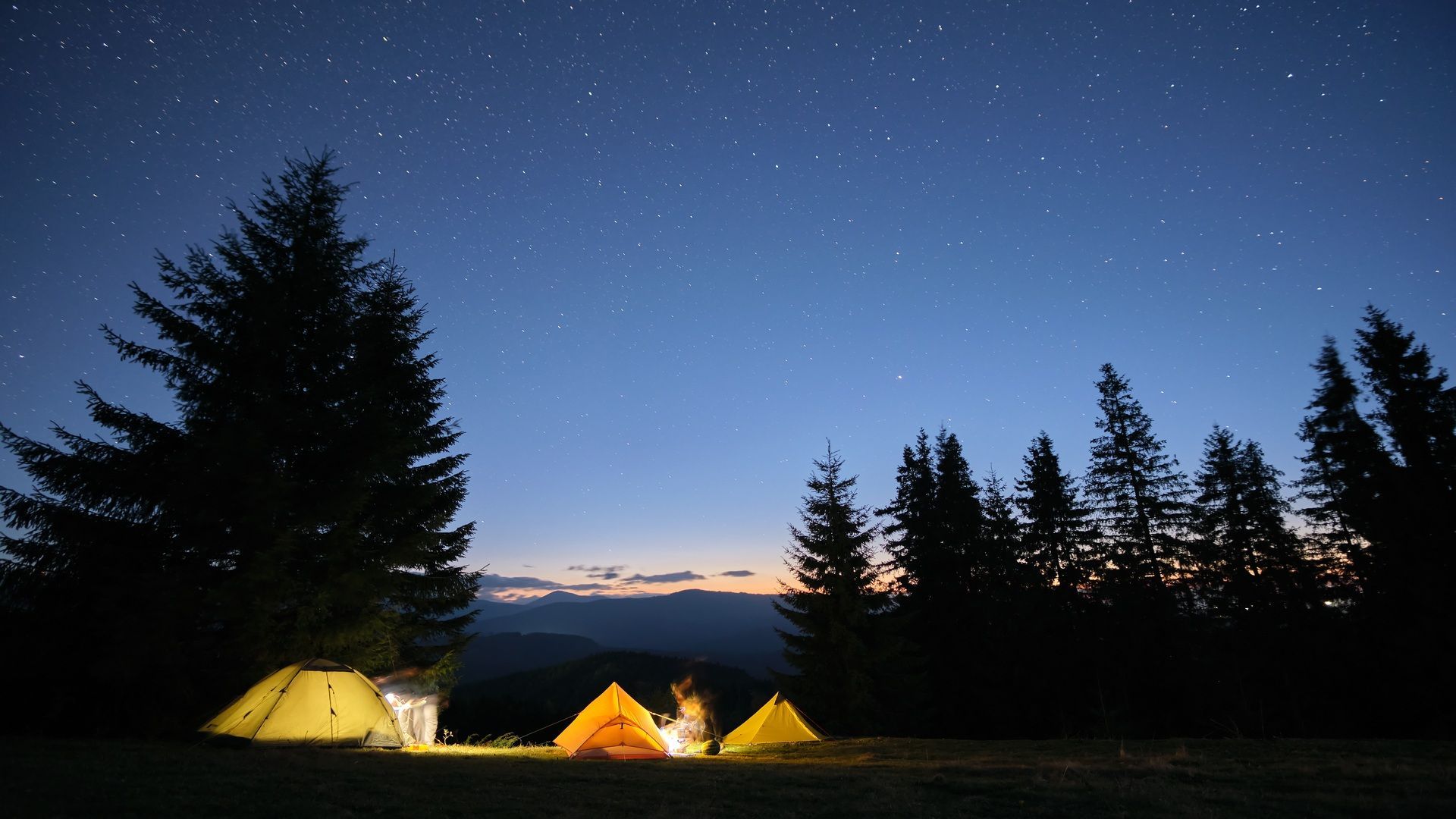 Un campeggio con tre tende illuminate e un falò in una radura nel bosco sotto un cielo notturno stellato.