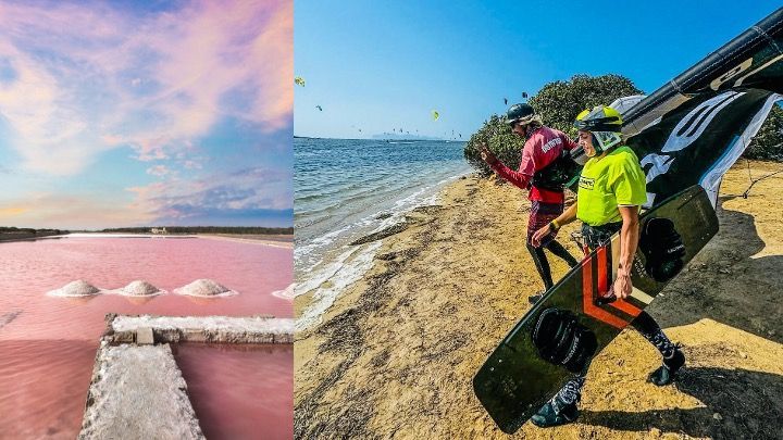 Una imagen en pantalla dividida que muestra una salina rosa en un lado y un viaje en grupo de WeRoad practicando kitesurf en el otro.