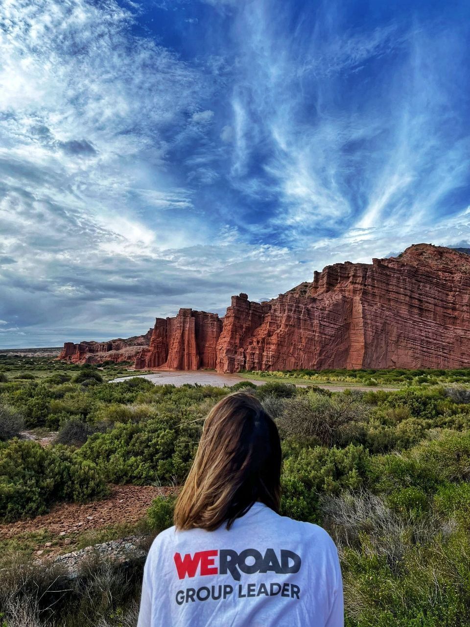 A WeRoad group leader seen from behind, looking out at a landscape of red rock formations and green shrubbery under a dramatic cloudy sky.
