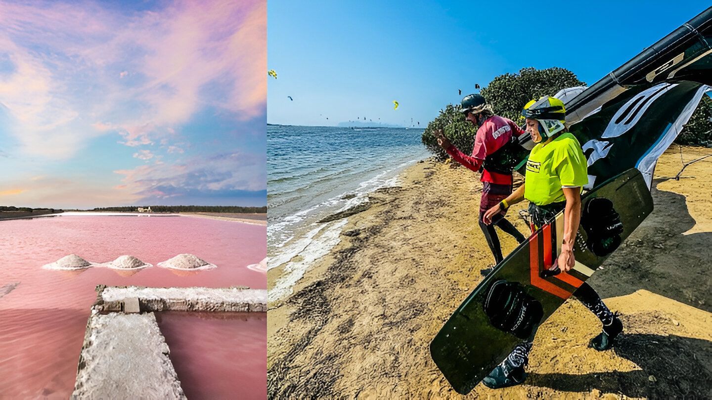 Un'immagine divisa: a sinistra un lago salato rosa e a destra due persone di un viaggio di gruppo WeRoad con attrezzatura da kitesurf su una spiaggia.