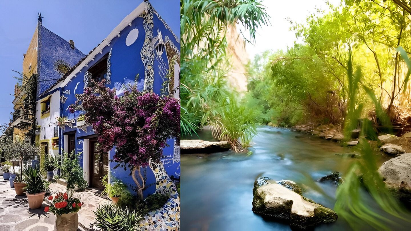 Un'immagine divisa che contrappone un edificio blu con mosaici e fiori viola a una rigogliosa scena fluviale verde.