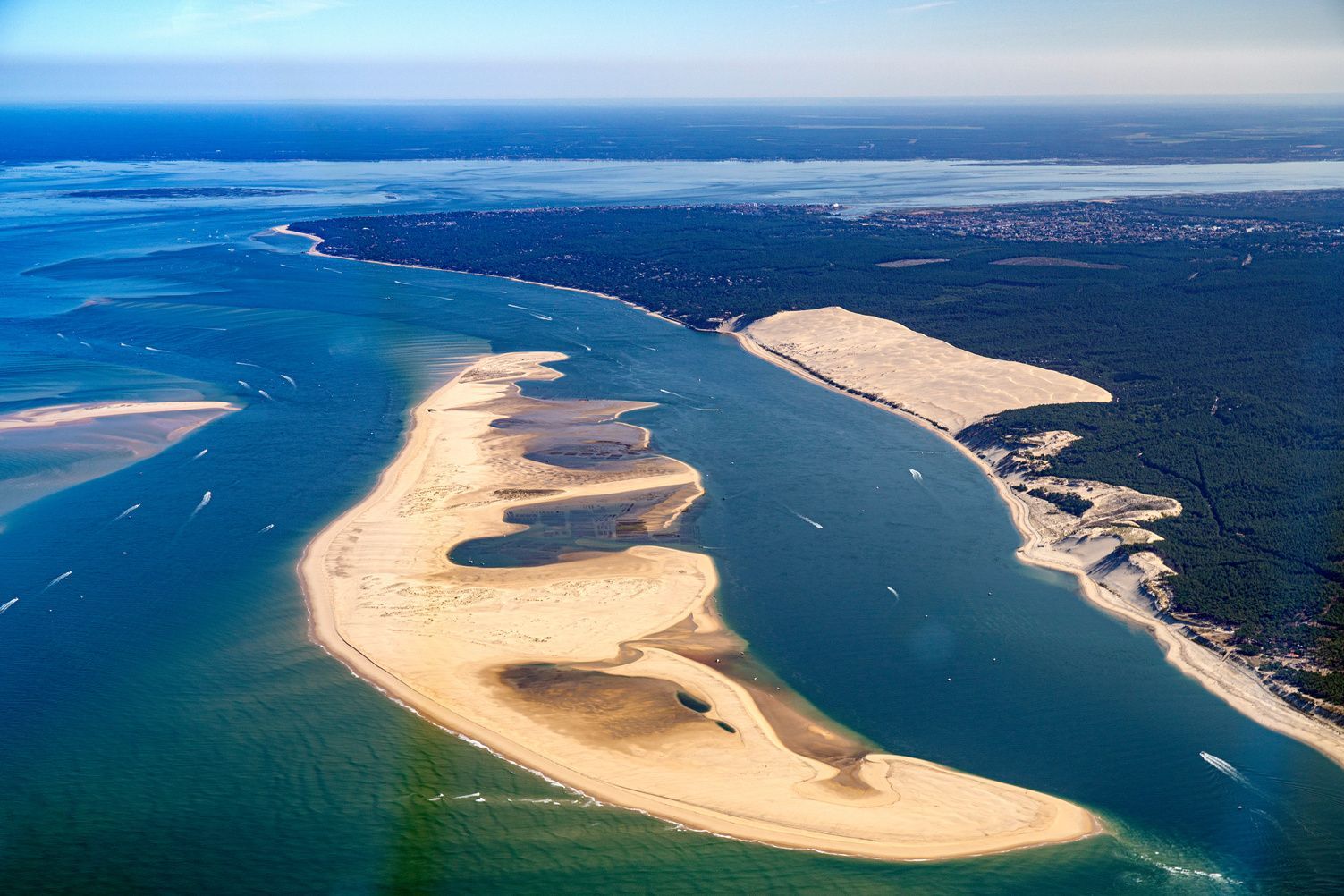 Veduta aerea di una grande duna e banchi di sabbia lungo una costa ricoperta da una fitta foresta verde, con barche in acqua.