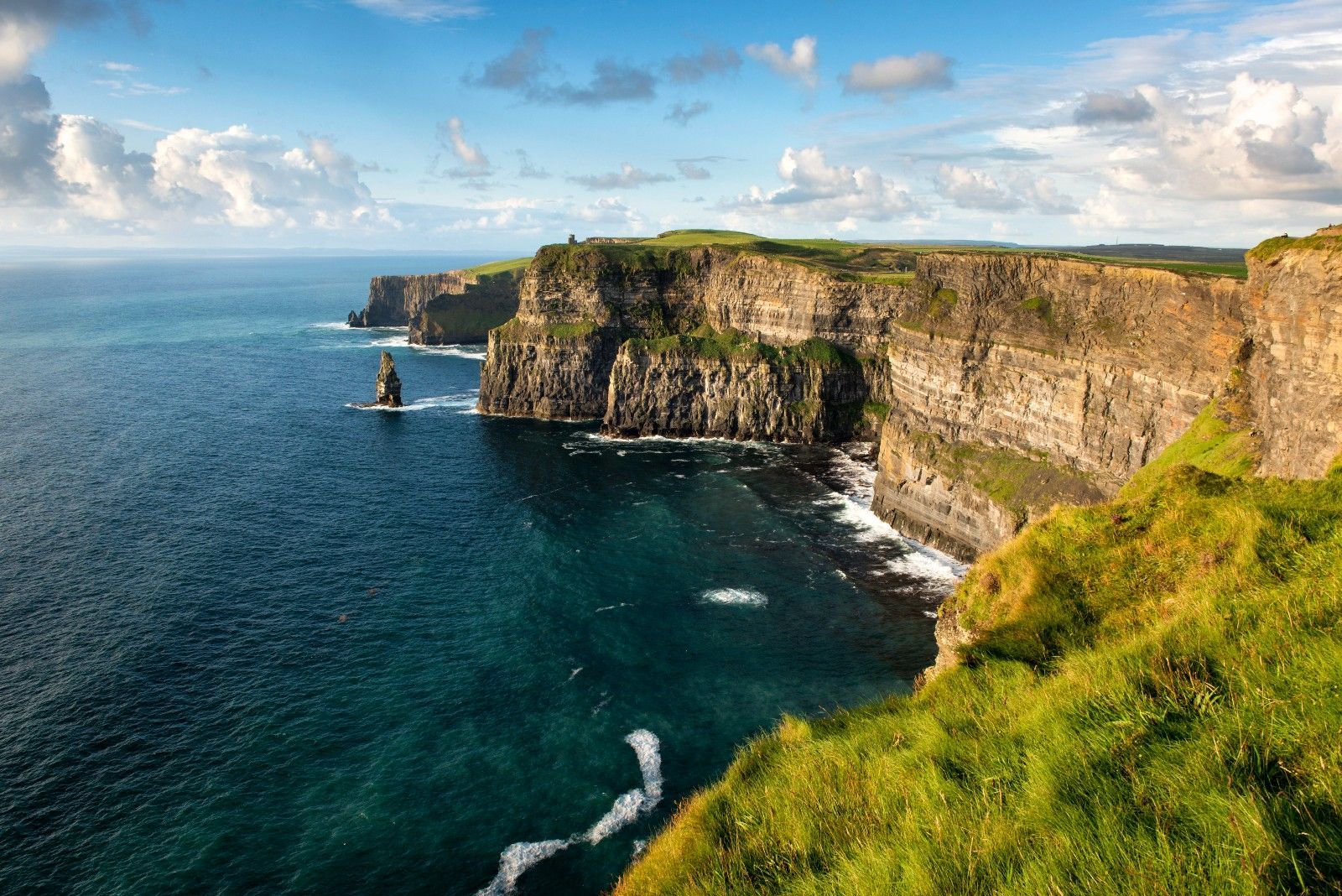 Una vista panoramica di alte scogliere rocciose coperte di erba verde che si tuffano nell'oceano blu profondo sotto un cielo parzialmente nuvoloso.