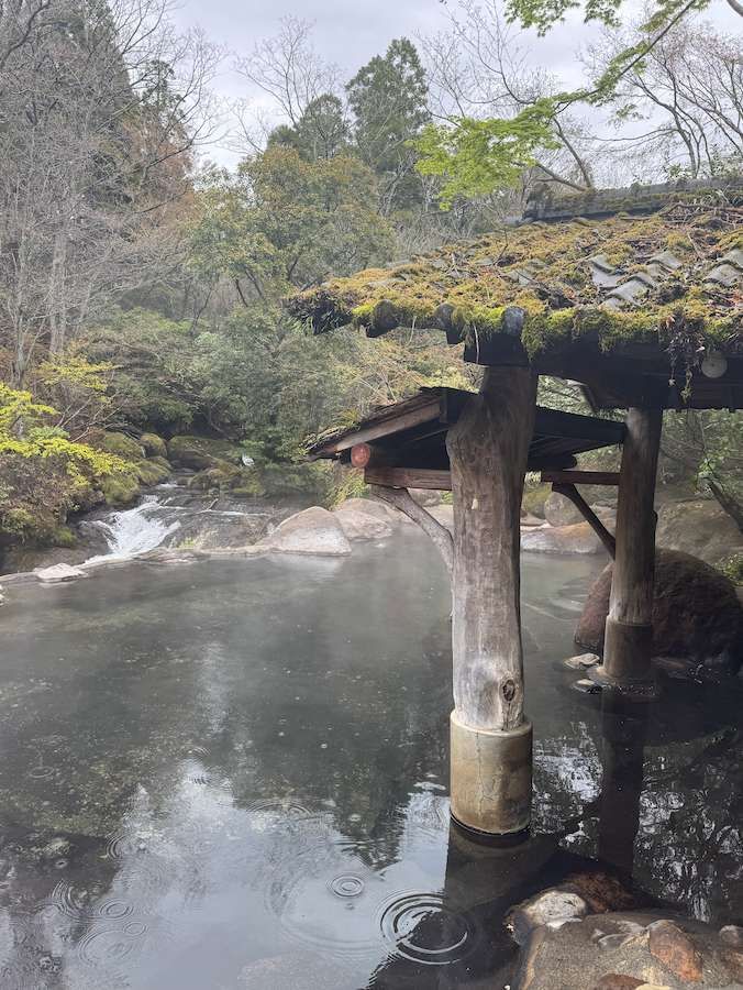Una piscina termale all'aperto fumante sotto una tettoia in legno ricoperta di muschio, con la pioggia che increspa l'acqua e un bosco sullo sfondo.