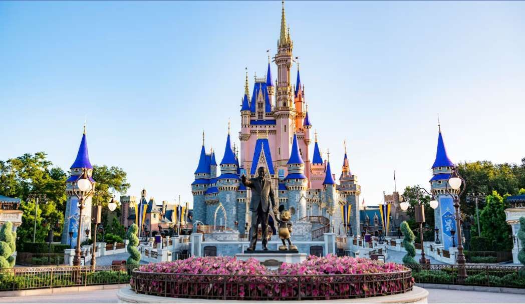 The 'Partners' statue of Walt Disney and Mickey Mouse stands in front of Cinderella Castle under a clear blue sky.