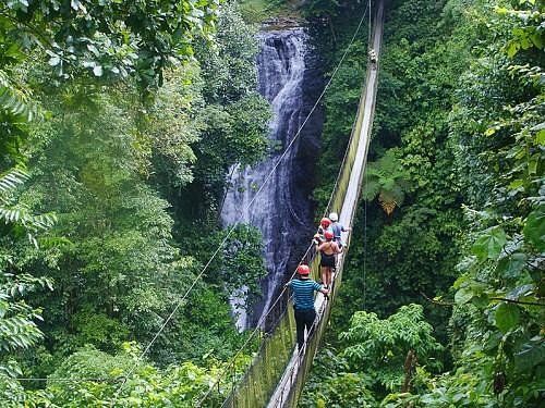 Un viaggio di gruppo WeRoad attraversa un ponte sospeso in una giungla lussureggiante, con una cascata che scorre sullo sfondo.