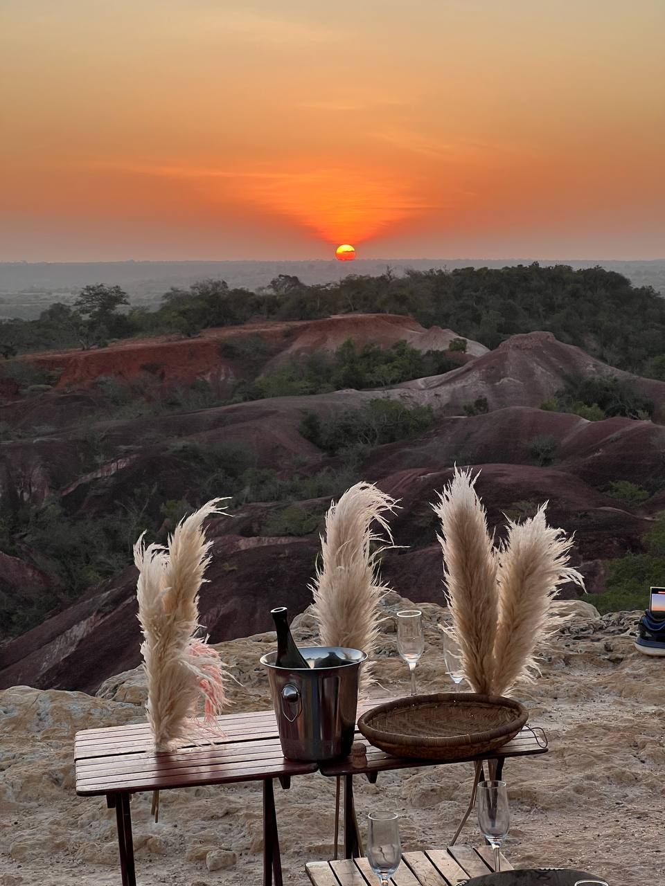 Una bottiglia di vino e bicchieri sono posti su un tavolo con erba della pampas, con vista su un paesaggio collinare al tramonto.