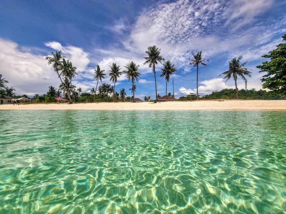 La luce del sole crea increspature sull'acqua limpida e turchese di fronte a una spiaggia di sabbia bianca fiancheggiata da alte palme.